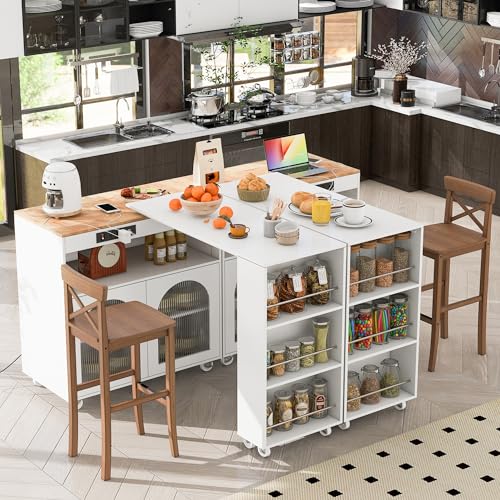 Rolling Kitchen Island with Extendable Swivel Table and Power Outlet, Kitchen Island on Wheels with Storage Cabinet, Fluted Glass Doors and Open Shelves for Small Spaces, White - color: White