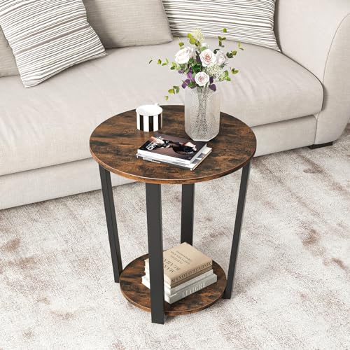 Giantex Round End Table, 2-Tier Side Sofa Table with Open Storage Shelf and Metal Frame, Industrial Nightstand Bedside Table for Living Room, Bedroom, Small Space, Accent Furniture, Rustic Brown - color: Rustic Brown