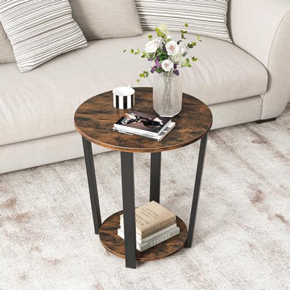 Giantex Round End Table Set of 2, 2-Tier Side Sofa Table with Open Storage Shelf and Metal Frame, Industrial Nightstand Bedside Table for Living Room, Bedroom, Accent Furniture, Rustic Brown - color: Rustic Brown