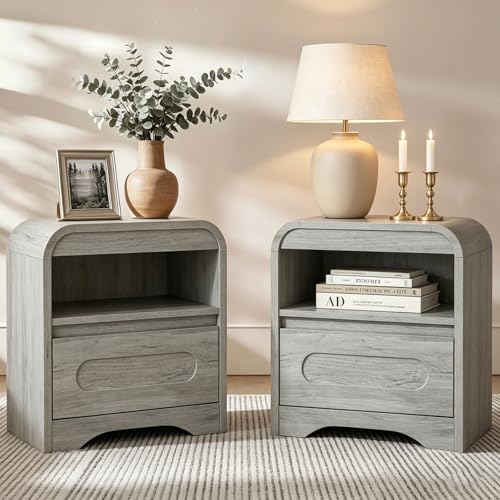 Wood Nightstand with Drawers, Curved Bedside Side End Table w/Open Storage | Hidden Handle, Modern Night Stands for Bedroom Sofa Couch Office, Grey