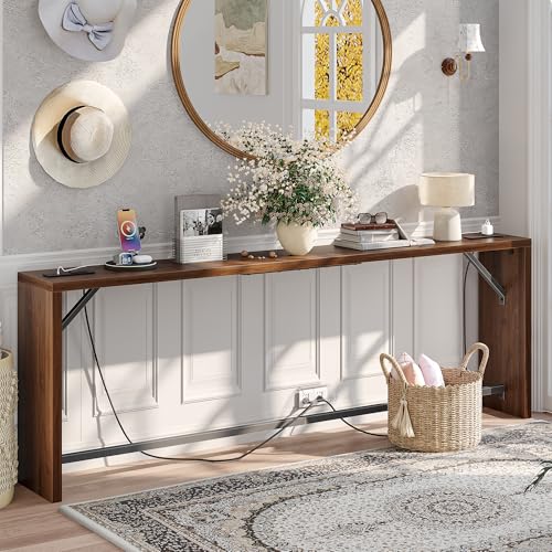 TIQLAB Sofa Table, 79''L x 9.1''W (1.2'' Thickness) Long Console Table Behind Couch, Entryway Table with Angled Metal Frame, Industrial Console Table, Black Walnut - color: Black Walnut, size: 79''L x 9.1''W x 31.5''H