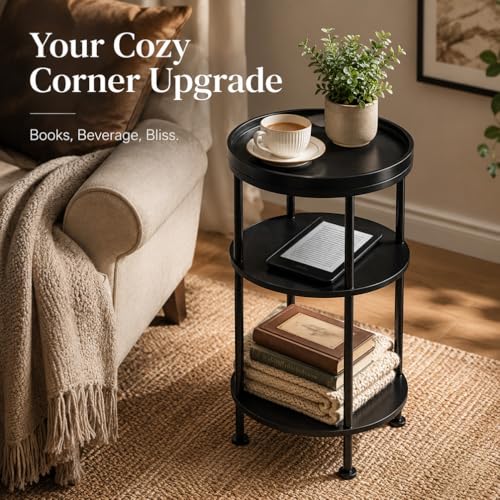 Small Round Side Table with Tray Top, 11.8" Narrow End Table, Black | 3-Tier Small Round End Table for Living Room & Bedroom, Modern Nightstand with Storage Shelf, Accent Table for Small Spaces - color: Black, style: Classic