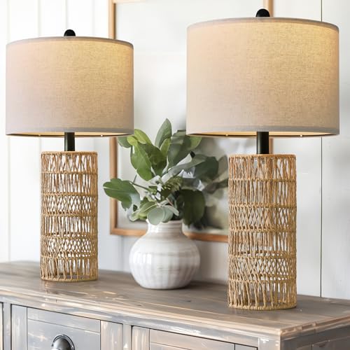 OYEARS 22.5" Boho Table Lamps Set of 2 for Living Room, Bedside Lamp for Nightstands, Rattan Lamp for Bedroom, Farmhouse Table Lamp for Room Decor, End Table, Retro, Brown（Not Include Bulbs） - color: Brown and Black