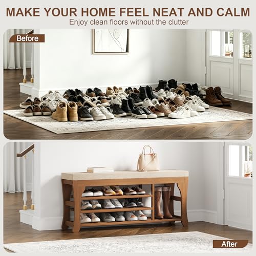 PETKABOO 39.4" Shoe Storage Bench with Cushion, 3-Tier Shoe Rack Bench with Adjustable Shelf, 400 LB Capacity, Boot Storage Compartment, Shoe Organizer for Entryway, Hallway, Bedroom, Closet - size: 39.4" with Boot Slot