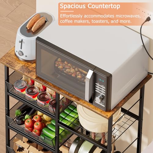 Rolling Kitchen Microwave Organizer Cart, Adjustable Shelves, Black | Kitchen Island Storage Cart with Tilt-Out Baskets & Lockable Wheels, 27.75"L × 15.35"W × 32.9"H, for Coffee Bar & Living Room - color: Black