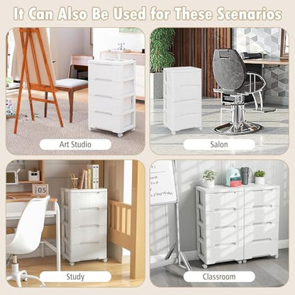 Plastic Storage Drawer Cart, Mobile Utility Cart, Home Craft Organizer with 5 Drawers & Lockable Wheels, Slim Rolling Storage Cart for Living Room, Bathroom, Dorm & Office (16”L x 13”W x 31”H)