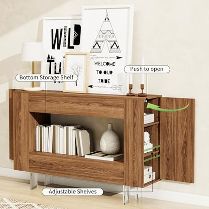 47" Console Table with Hidden Storage, Adjustable Shelves, Brown Wood Grain | Farmhouse sofa table for behind couch, living room, or hallway, entryway table with concealed cabinets & adjustable shelves - color: L-brown