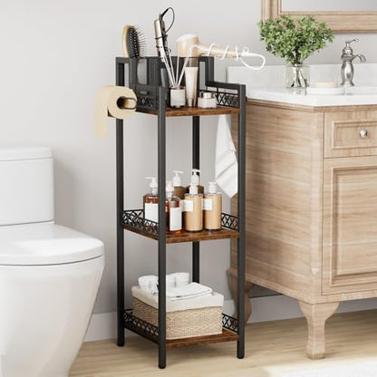 Bathroom Storage and Organizer Shelf Hair Dryer Holder, 9.85in | 3-Tier Narrow Metal Standing Rack with Toilet Paper Holder,Makeup Stand for Cosmetic, Vanity, Kitchen, Laundry Rustic Brown - color: 9.85“ Black Without Drawer