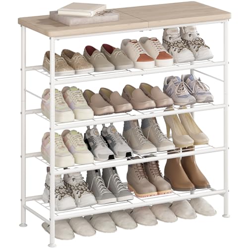 SUOERNUO Shoe Rack Organizer 5 Tier for Closet Entryway Free Standing Metal Storage Shoe Shelf with MDF Top Board，White+Oak - color: White+oak, size: Standard 5 Tier