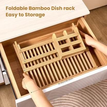 NOVAYEAH Bmaboo Dish Drying Rack for Kitchen Counter 3-Tier Collapsible Wooden Dish Drying Rack with Utensil Holder Dish Drainer Large Folding Dish Rack with Utensils Flatware Holder 51 pcs Grid - color: 3-tier Upgrade (Bamboo)
