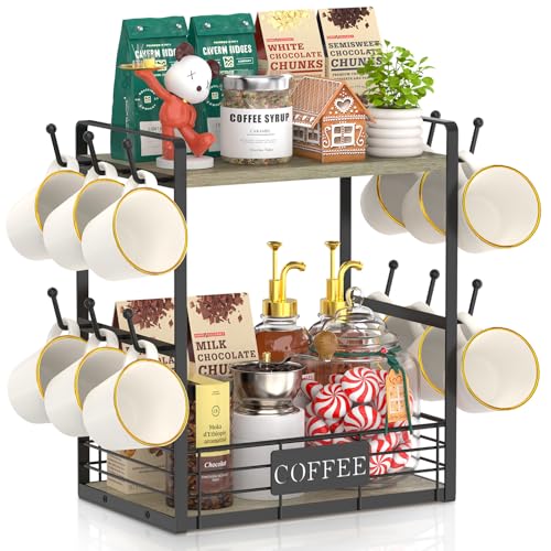 EsLuker.ly Coffee Mug Cup Holder Stand Bar Station Organizer for Countertop, Multi-Functional 2 Tier Mug Tree Rack for Kitchen, Storage Shelf with 12 Hooks, Grey Oak-Black(Patented Design) - color: Grey Oak + Black