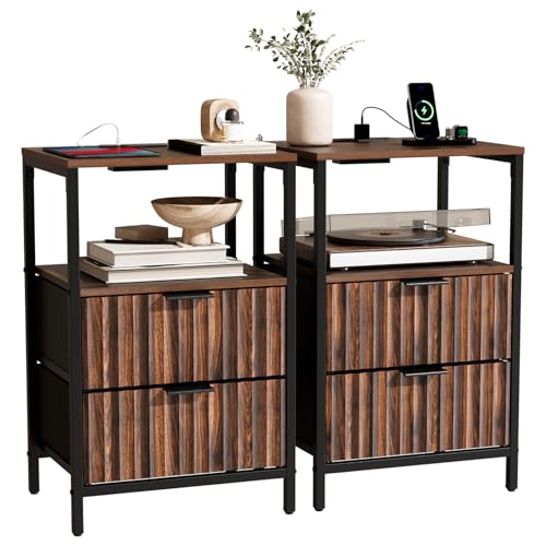 Bonnlo Fluted Nightstand Set of 2, Fabric Dresser with 2 Drawers and 1 Shelf, Bedside Table/End Table with Charging Station, Nightstand for Bedroom, Livingroom, College Dorm, Walunt - color: Walnut, size: 2 Drawer