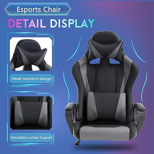 PayLessHere Ergonomic Racing Desk Chair Gaming Chair Computer Chair with Armrests 360° Swivel & Caster Pu Desk Task Chair Executive Headrest Lumbar Support for Back Pain Women Men and Adults (Grey) - color: Grey