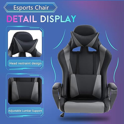 PayLessHere Ergonomic Racing Desk Chair Gaming Chair Computer Chair with Armrests 360° Swivel & Caster Pu Desk Task Chair Executive Headrest Lumbar Support for Back Pain Women Men and Adults (Grey) - color: Grey