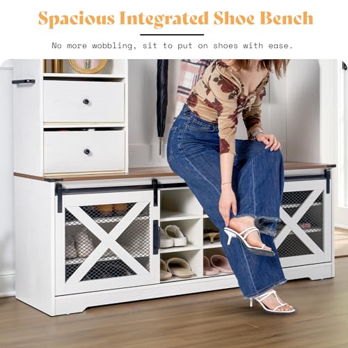 AMERLIFE 75" 7-in-1 Farmhouse Hall Tree with Bench and shoe storage, LED Entryway Bench with Coat Rack, 12 Shoe Cubbies, 2 Drawers, Barn Doors & Adjustable Shelf, Mudroom Hallway Cabinet, Rustic White - color: Rustic White