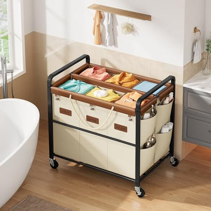 350L Extra Large Laundry Cart, Laundry Hamper 6 Section, Beige | Large Capacity, Heavy Duty Lockable Wheels, Sturdy Metal Frame, Leather Patchwork, Removable Bags - color: Beige, size: 6 Bag 350L
