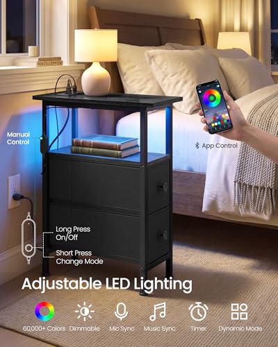 SONGMICS Side Table with LED Light, Narrow End Table with 2 Drawers, Nightstand with Charging Station, Bedside Tables for Small Space, Living Room, Bedroom, Ink Black, BELLAH Collection ULGS002B101 - color: Ink Black, size: 1 Pack (8.5"D x 18.1"W x 23.8"H