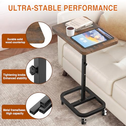 Adjustable Height Mobile TV Tray Table with Wheels, Portable Rolling Desk, and Laptop Table for Eating on Couch or Sofa, Featuring Upgraded Alloy Steel Support and a Sturdy Quadrilateral Base