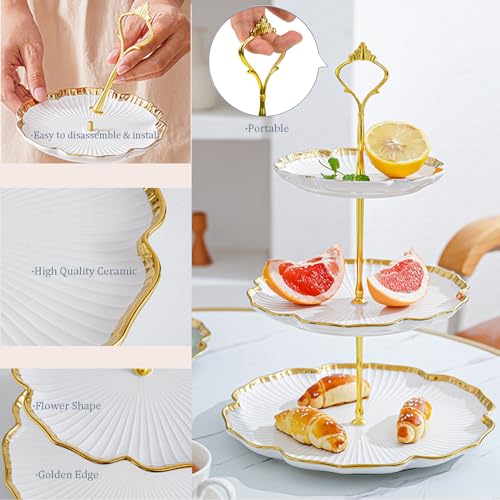 3 Tier Porcelain Serving Tray with Elegant Floral Gold Trim - Embossed Food Grade Tiered Cupcake Stand - Serving Stand for Parties & Weddings & Baby Showers - color: 10.2 Inch (3 Tier)
