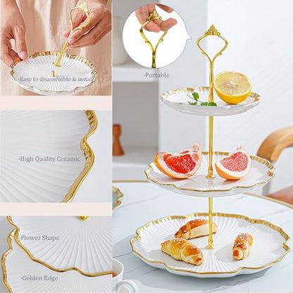 3 Tier Porcelain Serving Tray with Elegant Floral Gold Trim - Embossed Food Grade Tiered Cupcake Stand - Serving Stand for Parties & Weddings & Baby Showers - color: 10.2 Inch (3 Tier)