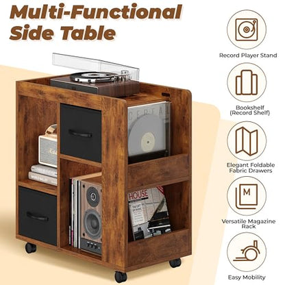 Yaheetech Narrow Side Table with Storage, Wooden Rolling Nightstand Bedside Table with Wheels, Magazine Racks and Open Shelves, End Table with Drawers for Living Room Bedroom, Rustic Brown - color: Rustic Brown