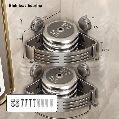 Corner Shower Caddy Suction Cup Shower Shelf Corner No Drilling Bathroom Shower Organizer Storage Rack Adhesive with Towel Bar Hooks (2-Pack,Gray)