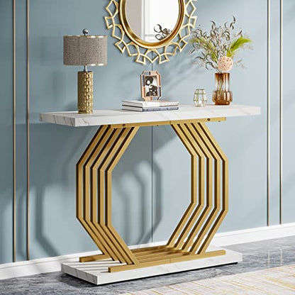 Tribesigns Gold Console Table, Faux Marble Entryway Table Narrow Sofa with Geometric Metal Base, 40 Inch Modern Accent Entrance for Living Room, Hallway, Foyer, White and Gold - color: White