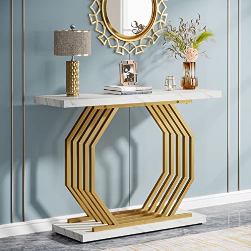 Tribesigns Gold Console Table, Faux Marble Entryway Table Narrow Sofa with Geometric Metal Base, 40 Inch Modern Accent Entrance for Living Room, Hallway, Foyer, White and Gold - color: White