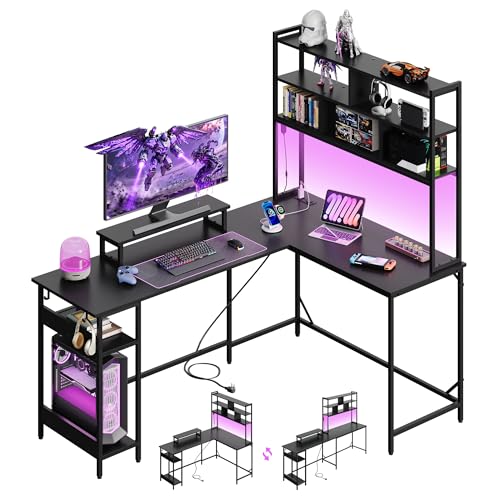 DEVAISE 66 Inch L Shaped Gaming Desk with Drawers and Storage, Corner Desk with LED Lights, Power Outlets, Computer Desk with Monitor Stand, Office Desk for Home, Black - color: Black, size: 66 Inch