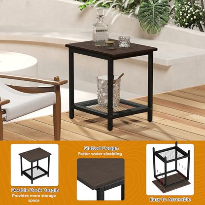 2-Tier Outdoor Side Table with Storage, Weather Resistant Patio End Table, HDPS Small Accent Table for Deck, Garden, Pool, Backyard, Brown 2pcs - color: 2pcs-brown