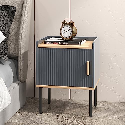 Giantex Nightstand with Storage, Bedside Table with Single Door Cabinet, Compact Floor Side Table with Heavy-Duty Metal Legs, Modern End Table for Living Room, Bedroom, Small Space, Gray