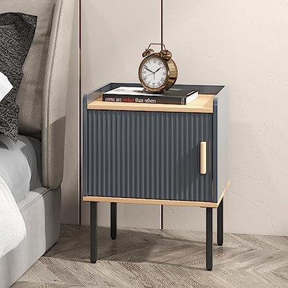 Giantex Nightstand with Storage, Bedside Table with Single Door Cabinet, Compact Floor Side Table with Heavy-Duty Metal Legs, Modern End Table for Living Room, Bedroom, Small Space, Gray