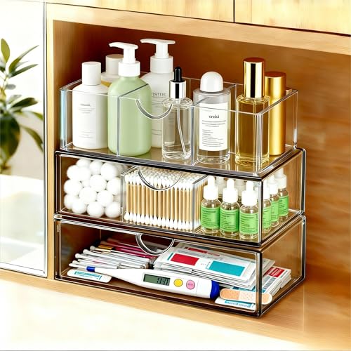 Medicine Cabinet Organizer with Removable Dividers, 3-Tier Stackable Drawer Storage for Bathroom, RV, Vanity, Countertop & Desk - size: 3 Tier Clear