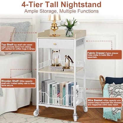 4-Tier Small Side Table with Storage Drawer, Tall Nightstand with Wheels & Basket, Rolling Bathroom Table for Small Spaces, Bedroom, Living Room, Dorm, White and Natural - color: White With Natural