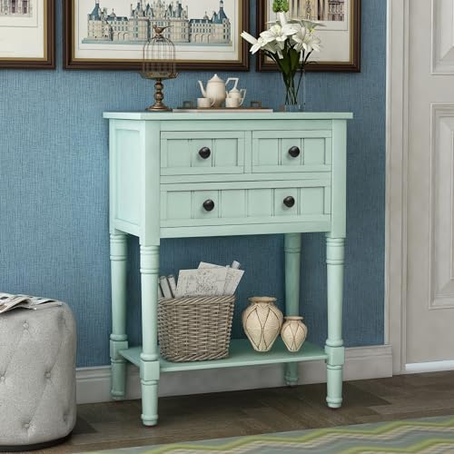 24'' Entryway Table, Small Console Table with Storage Drawers and Shelf, Hallway Table for Entryway Hallway Foyer, Farmhouse Solid Wood Frame (Retro Blue) - color: Retro Blue