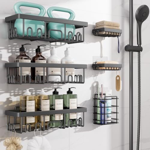 Veken Rustproof & Waterproof Shower Caddy 6-Pack, No Drilling Adhesive Shelves Rack with Soap Holder, Large Capacity Bathroom Organizers and Storage, Wall-Mounted Kitchen & Home Decor, Dark Grey - color: Dark Grey