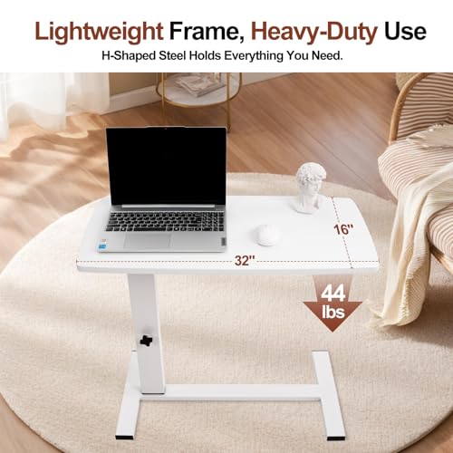 Overbed Bedside Table with Wheels, Adjustable Pneumatic Mobile Standing Desk, Laptop Table Rolling Bed Desk Foldable for Hospital & Home (32" W x 16" D, White) - size: 27“-38”