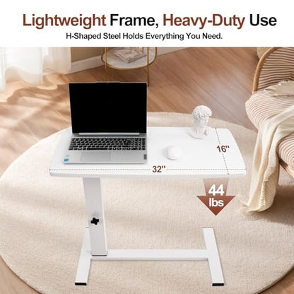 Overbed Bedside Table with Wheels, Adjustable Pneumatic Mobile Standing Desk, Laptop Table Rolling Bed Desk Foldable for Hospital & Home (32" W x 16" D, White) - size: 27“-38”