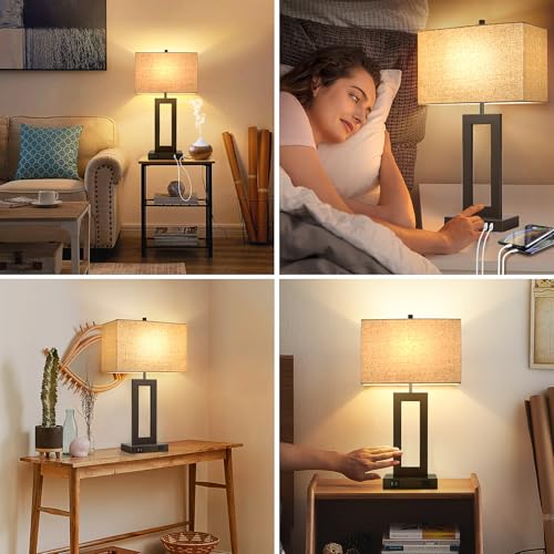 Set of 2 Touch Control Table Lamps with 2 USB Ports&AC Outlet, 3-Way Dimmable Modern Nightstand Lamp Sets, Brown Bedside Desk Lamps for Bedroom Living Room End Tables, Bulbs Included, Cream Shade | 3 Way Dimmable, Touch Control, Fabric Cream Shade, Nights