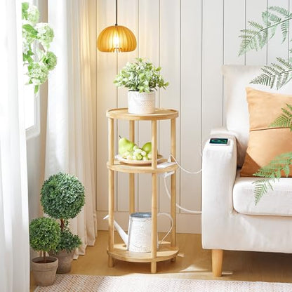 HOOBRO Set of 2 Small Round Side Tables with Charging Station, 3-Tier Round Bamboo End Tables, Easy Assembly, for Living Room, Bedroom, Apartment, Natural YL152UBZP201 - color: Natural