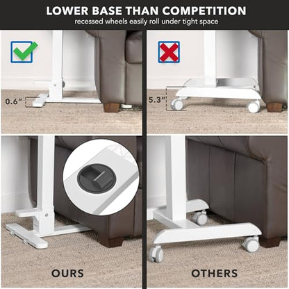Mount-It! Foldable Overbed Table with Wheels – Height Adjustable Rolling Bedside Table, No Assembly Required, Ultra-Low Profile Base Fits Under Beds & Sofas, for Home and Hospital Use