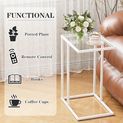 Easy Paws Small C Shaped Table for Sofa,Glass Couch Sofa Tray Snack Table for Living Room, Bedroom,TV Tray Table for Small Space,Accent Coffee Table,Nightstand with Metal Frame(White) - color: White