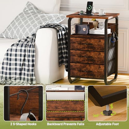 runjuly Night Stand Set 2, Nightstand with LED Lights and Fabric Drawers, Matching End Tables with Charging Station USB C Port, Bedside Tables with Hooks for Bedroom, Rustic Brown - color: Rustic Brown, style: Larger+Taller Set of 2