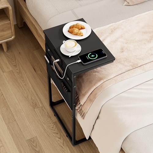 C Shaped End Table with Charging Station, 28" Tall Couch Side Table, Sofa Table Beside Table, Slide Under Sofa Arm C Table for Small Spaces, TV Tray Table for Living Room, Bedroom, Black - color: Black