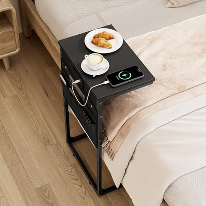C Shaped End Table with Charging Station, 28" Tall Couch Side Table, Sofa Table Beside Table, Slide Under Sofa Arm C Table for Small Spaces, TV Tray Table for Living Room, Bedroom, Black - color: Black