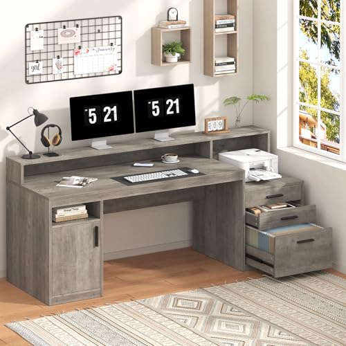 YOMILUVE Executive Computer Desk with 3 Drawers & Storage Shelves, 65 Inch Home Office Desk with File Drawer & Cabinet, Writing Study Desks with Monitor Stand & Printer Shelf, Executive Desk, Grey - color: Grey
