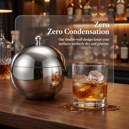 NUOBESTY Double Walled Ice Bucket with Lid and Tongs Stainless Steel Insulated Beverage Bucket for Wine Beer Juice Bar Parties Home Entertaining Spherical Shape 7.67 X 6.57 X 6.57 in