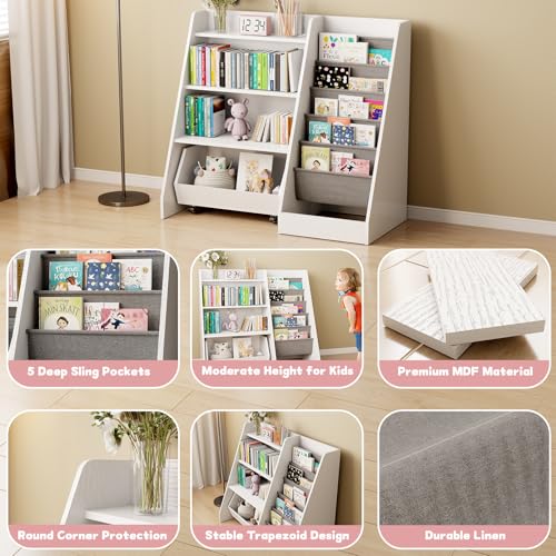 COZPAW Kids Bookshelf and Toy Storage, 4 Tier Toddler Bookshelf with Movable Drawer (White) - color: White