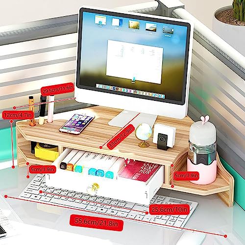 Triangle Monitor Stand Riser,Cut Triangle Save Space Desktop Corner,Desktop corner shelf with drawers wooden computer stand with storage laptop risers office organization. (Have drawers)