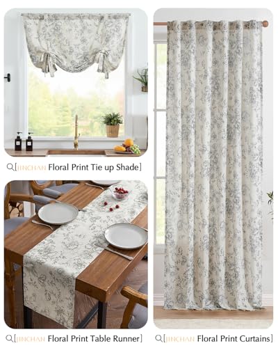 jinchan Grey Floral Linen Table Runner 13 x 90 Inch Farmhouse | Neutral botanical details bring warmth to family dinners, celebrations and everyday dining spaces. - color: Peony | Grey on Linen, size: 90" x 13" (Rectangular)